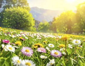 A sunny meadow with daisies in full bloom under bright sunlight, creating a vibrant and cheerful