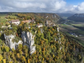 Aerial view of Werenwag Castle and former Werenwag Castle on a rocky spur in the Upper Danube