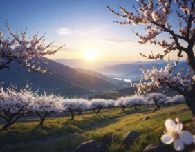Landscape with a blooming apricot tree, idilyc spring nature, green grass and mountains in