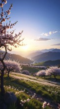 Landscape with a blooming apricot tree, idilyc spring nature, green grass and mountains in