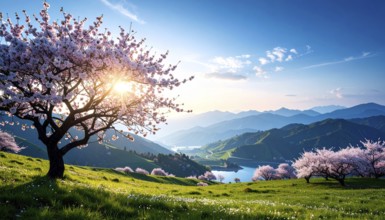 Landscape with a blooming apricot tree, idilyc spring nature, green grass and mountains in