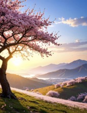 Landscape with a blooming apricot tree, idilyc spring nature, green grass and mountains in