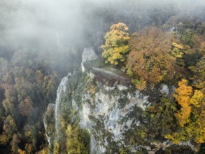 Aerial view of the viewpoint, shovels and Hausen Castle, also known as the Hausen ruins, surrounded