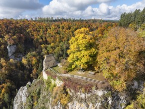 Aerial view of the viewpoint, shovels and Hausen Castle, also known as the Hausen ruins, surrounded