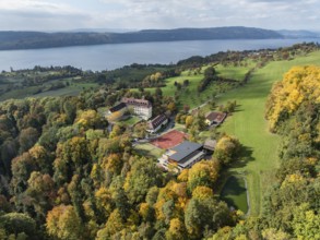 Aerial view of Lake Constance, Überlinger See, surrounded by autumn vegetation with Spetzgart