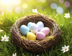 Nest with easter eggs in a basket on grass, sunny spring day, fresh beautiful landscape at