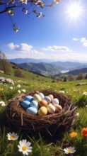 Nest with easter eggs in a basket on grass, sunny spring day, fresh beautiful landscape at