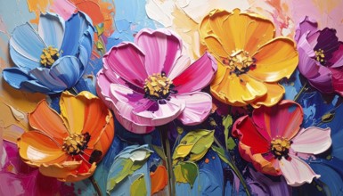Closeup of abstract rough colorful multicolored organic floral spring flowers art painting texture,