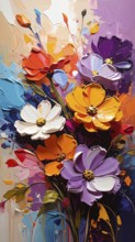 Closeup of abstract rough colorful multicolored organic floral spring flowers art painting texture,
