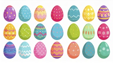 Set of easter eggs flat design on white background, abstract vector wallpaper illustration, banner
