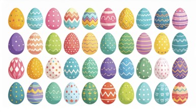 Set of easter eggs flat design on white background, abstract vector wallpaper illustration, banner