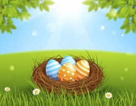 Nest with easter eggs in grass on a sunny spring day, Easter wallpaper decoration drawing, banner,