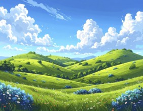 Fresh summer hilly Landscape with blooming Meadow, green plants, Blue Sky with cloudy sky, serene