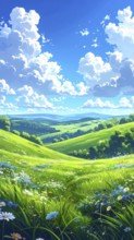 Fresh summer hilly Landscape with blooming Meadow, green plants, Blue Sky with cloudy sky, serene