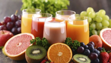 Fresh fruit juices in glasses, surrounded by colorful fruits, showcasing healthy drinking and