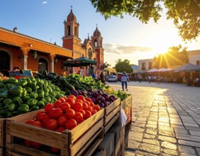 Traditional Mexican plaza with crates of peppers, onions, and tomatoes, economic prosperity in