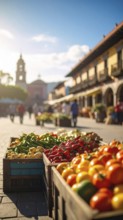 Traditional Mexican plaza with crates of peppers, onions, and tomatoes, economic prosperity in