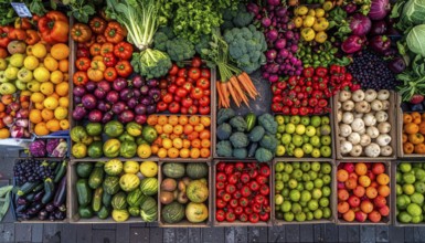 Fresh fruits and vegetables in a market display, aerial view perpendicular top down, healthy eating
