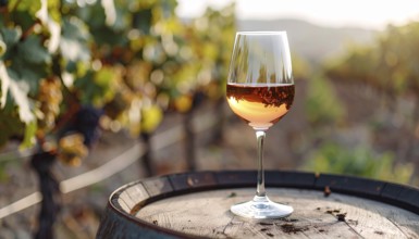 A glass of 10-year-old tawny wine placed on a barrel in a vineyard restaurant, vineyard landscape