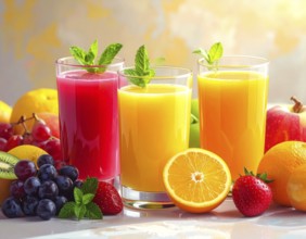 Fresh fruit juices in glasses, surrounded by colorful fruits, showcasing healthy drinking and