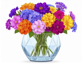 Crystal glass vase with vibrant blooming flowers, vibrant vector drawing illustration for fresh