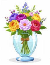 Crystal glass vase with vibrant blooming flowers, vibrant vector drawing illustration for fresh