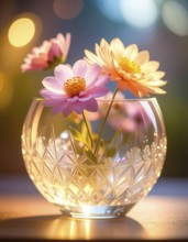 Crystal glass vase with vibrant blooming flowers, fresh spring and summer concept, AI generated