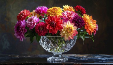 Crystal glass vase with vibrant blooming flowers, fresh spring and summer concept, AI generated