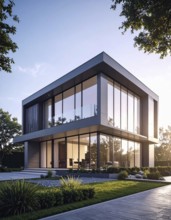 Modern residential house with green garden, simple geometric architecture, clear blue sky in the