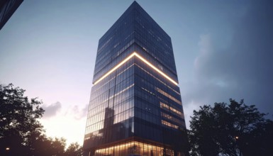 Modern building reflecting sunset light at dusk. Abstract Futuristic Business Background, AI