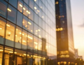 Modern building reflecting sunset light at dusk. Abstract Futuristic Business Background, AI
