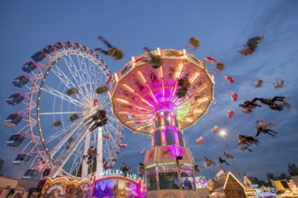 An illuminated chain carousel and Ferris wheel at night at a funfair, people swinging on chains,