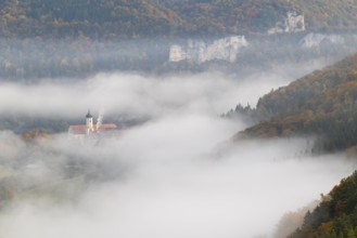 View of Benedictine monastery Beuron, Archabbey of St. Martin, limestone rock, rock face, mixed
