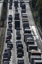 Traffic jam on the A3 motorway between the Hilden junction and the Mettmann junction, view to the