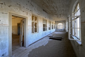 Former dwelling house full of sand, Kolmanskop, restricted diamond area, Karas region, Namibia