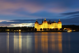 Moritzburg Castle in the blue hour, castle pond, reflection, sunset, Moritzburg, Saxony, Germany