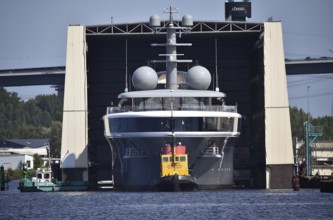 Superyacht COSMOS is undocked from the Lürssen shipyard, Kiel Canal, Kiel Canal, Kiel Canal,