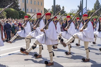 The traditional changing of the guard of the Evzones in front of the Greek Parliament in the Greek
