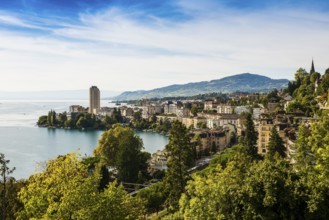 Town by the lake, Panorama, Montreux, Lake Geneva, Lac Léman, Canton Vaud, Switzerland
