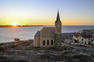 View of the rock church from 1912, blue hour, Lüderitz, Karas Region, Namibia