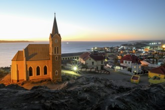 View of the rock church from 1912, blue hour, Lüderitz, Karas Region, Namibia