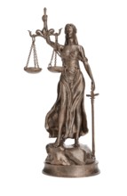 Bronze lady of justice statue isolated on a white background