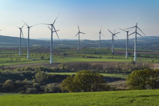 Wind farm with many wind turbines near Coppenbrügge, Lower Saxony, Germany