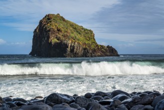 View over black rocks to the surf and a rolling wave off the island of Ilhéu da Ribeira da Janela,