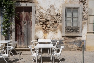 Restaurant furniture, for outdoor catering, tables, chairs, stacked, day off, catering closed, old