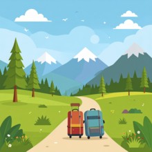 Traveling and hiking in mountain landscape, abstract vector illustration, AI generated image