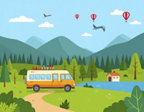 Traveling and hiking in mountain landscape, abstract vector illustration, AI generated image