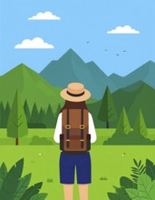 Traveling and hiking in mountain landscape, abstract vector illustration, AI generated image