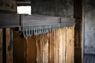 Cardboard hung up to dry, drying plant, factory hall, former paper factory and mill for the