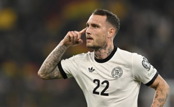 Goal celebration David Raum GER (22) Gesture Gesture World Cup qualifier, international match,